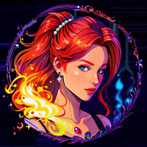 a woman with red hair and a tiable holding a wand