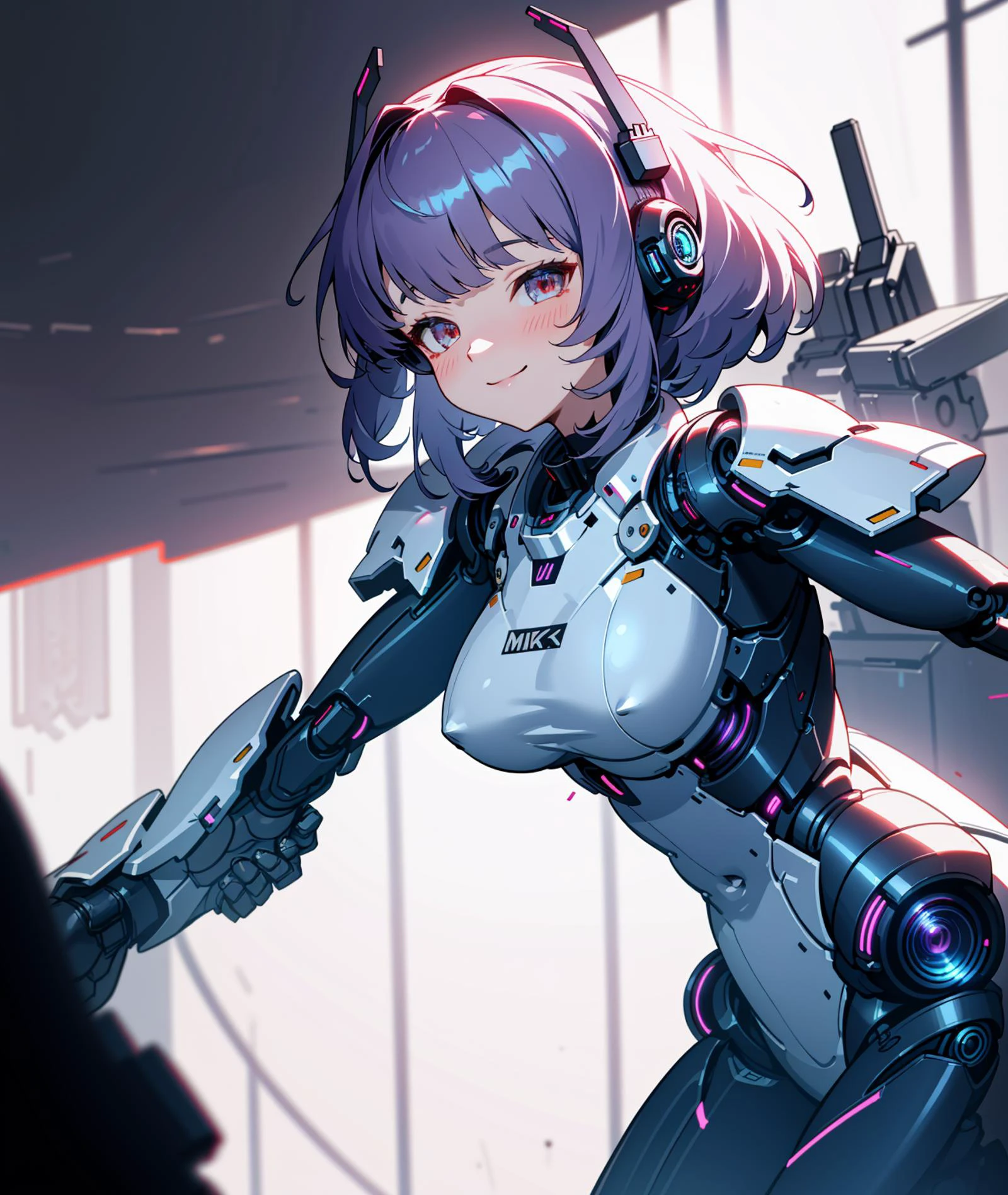4K, Masterpiece, highres, absurdres,natural volumetric lighting and best shadows, smiling,deep depth of field,soft delicate beautiful attractive, sharp focus,edgMechagirl, a woman in a mecha outfit,futuristic armor,wearing edgMechaGirl cyber_armor,cowboy shot