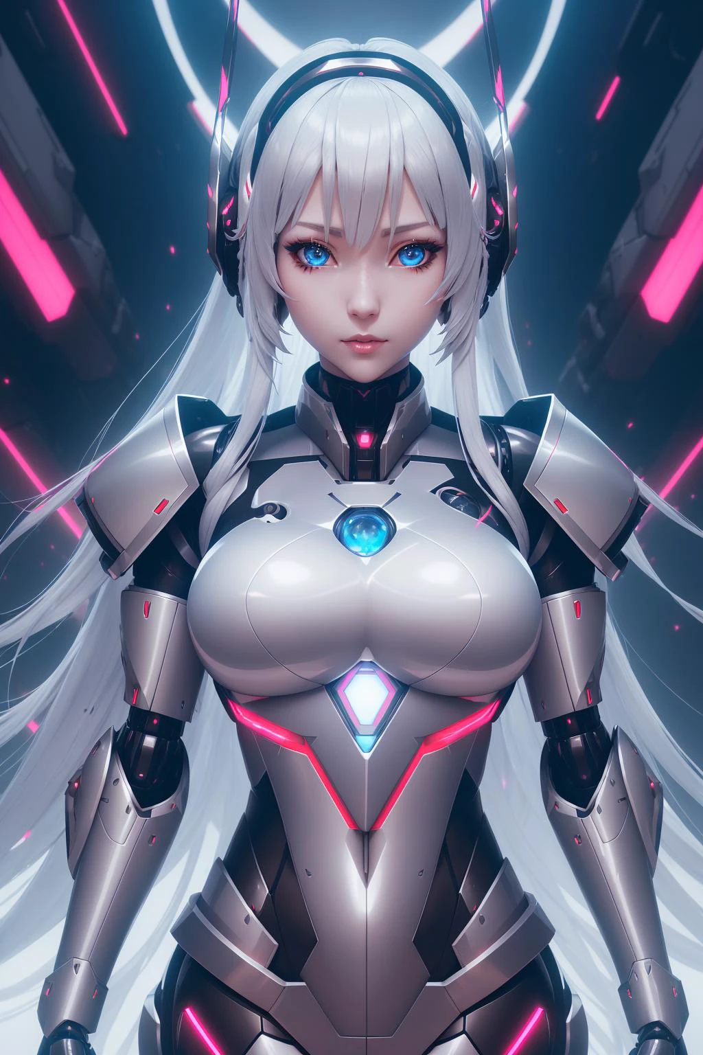 a  portrait of a long-shanked [enchantress|goddess] miko, (edgMechagirl, a woman in a mecha outfit,futuristic armor,wearing edgMechaGirl cyber_armor :1.2), perfect face, pretty face, ice blue eyes, silver hair, short hair, large breasts, lush detail, absurdres, at a shrine,