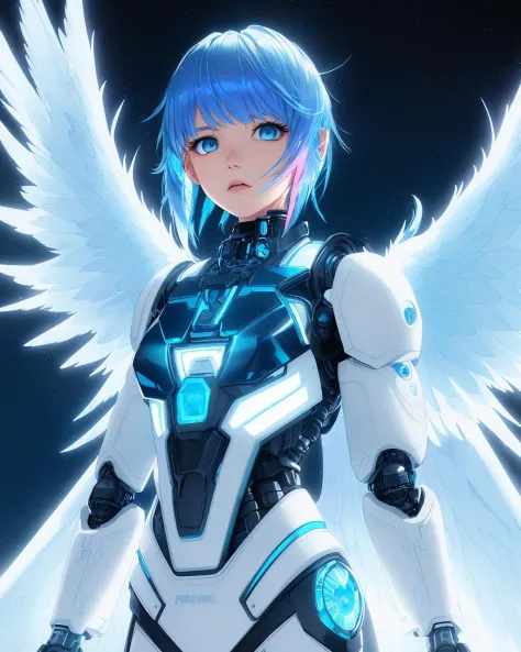 bangs! robot arms! angel wings, iridescent! closeup! light baby blue hair, cloud background, masterpiece, cyborg, 19 year old yo...