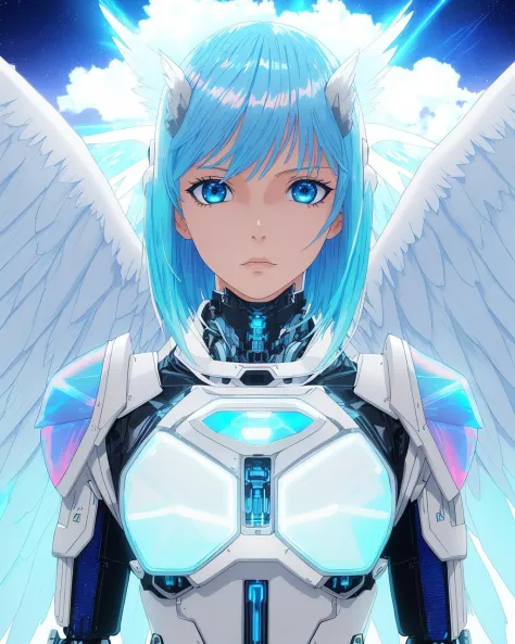 bangs! robot arms! angel wings, iridescent! closeup! light baby blue hair, cloud background, masterpiece, cyborg, 19 year old yo...