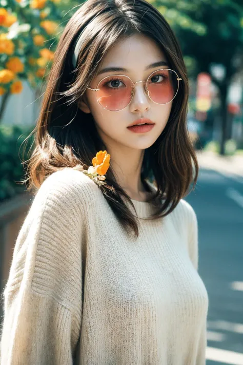 1girl,  sweater ,(outdoors:1.2) , headband , <lora:round_glasses-v17h:0.7> round_eyewear, (flower:1.3),   <lora:JPfilmColor_Heav...