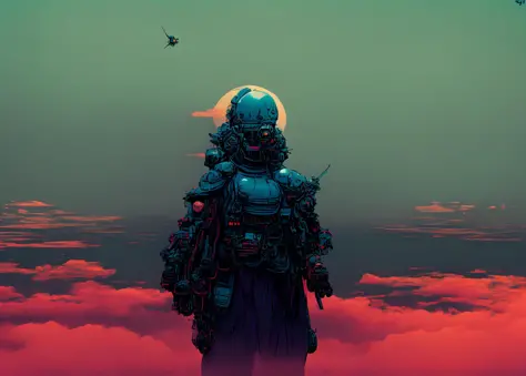 textless, wide shot, background ocean of clouds, cyberronin, (cyber-samurai:1.2)