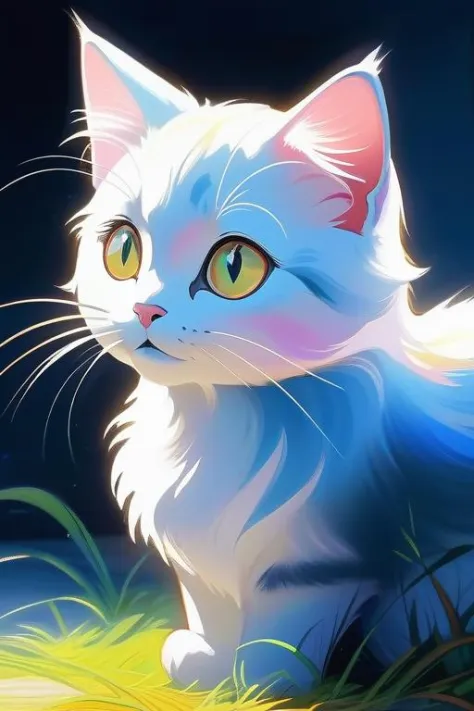 beautiful cat, by Hayao Miyazaki, holographic color, gradient background, dynamic lighting, shadow detailed, highly detailed, oi...