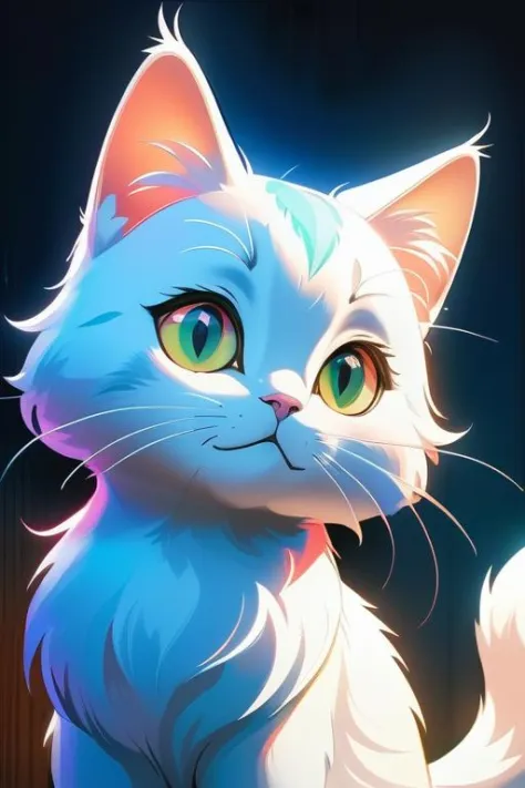 beautiful cat, by Hayao Miyazaki, holographic color, gradient background, dynamic lighting, shadow detailed, highly detailed, oi...