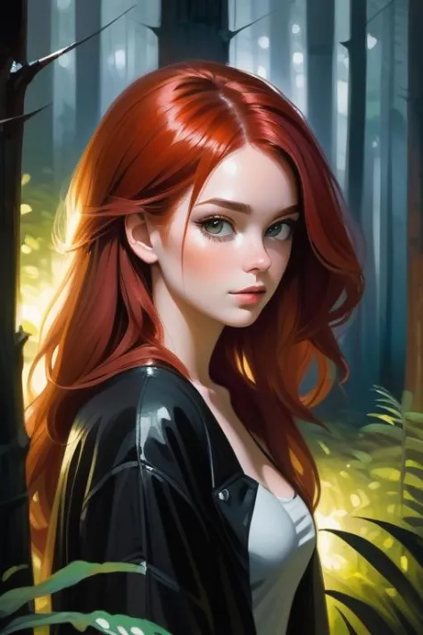 realistic oil painting, portrait of a young woman, looking away from viewer, full body, red hair, detailed face, hard brush, sex...