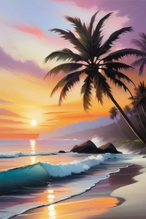 realistic oil painting, hard brush, a breathtaking image of a serene coastal sunset, featuring a secluded beach, gentle waves crashing against the shore, a colorful sky filled with warm hues, and a lone palm tree silhouetted against the fading light. capture the mesmerizing details and atmosphere of this tranquil scene