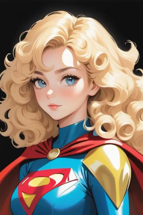 masterpiece, best quality, high quality, highres, 1 girl solo, blonde curly long hair, superhero suit, upper body, young, skinny...