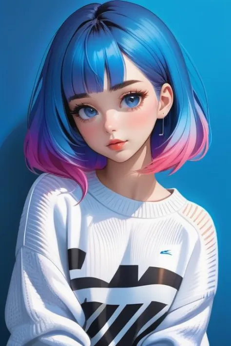 illustrator, anime , realistic ,sketch , 1girl, ,lip, Sweater,order, Blue gradient background, Neon hair,Textured crop, Canadian...