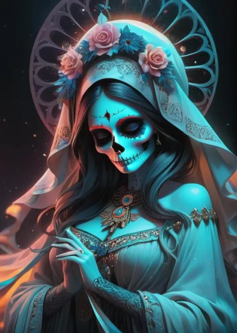 Santa Muerte, best quality, digital painting, extremely smooth, fluid, 3d fractals, light particles, dreamy, smooth, shimmering,...