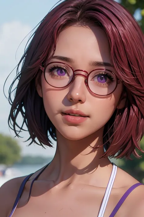 (masterpiece, best quality), 1girl, beautiful face,   <lora:maru:1> maru, dark skin, purple eyes, glasses, red hair, short hair,