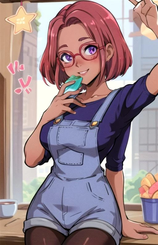 best quality, (masterpiece),(ultra-detailed), (high quality), (high resolution),    1girl, arm support, blush, breasts, cropped torso, dark skin, day, food, glasses, happy birthday, looking at viewer, maru, pantyhose, pink hair, purple eyes, red hair, selfie, skirt, solo, star (symbol),short hair,overalls,