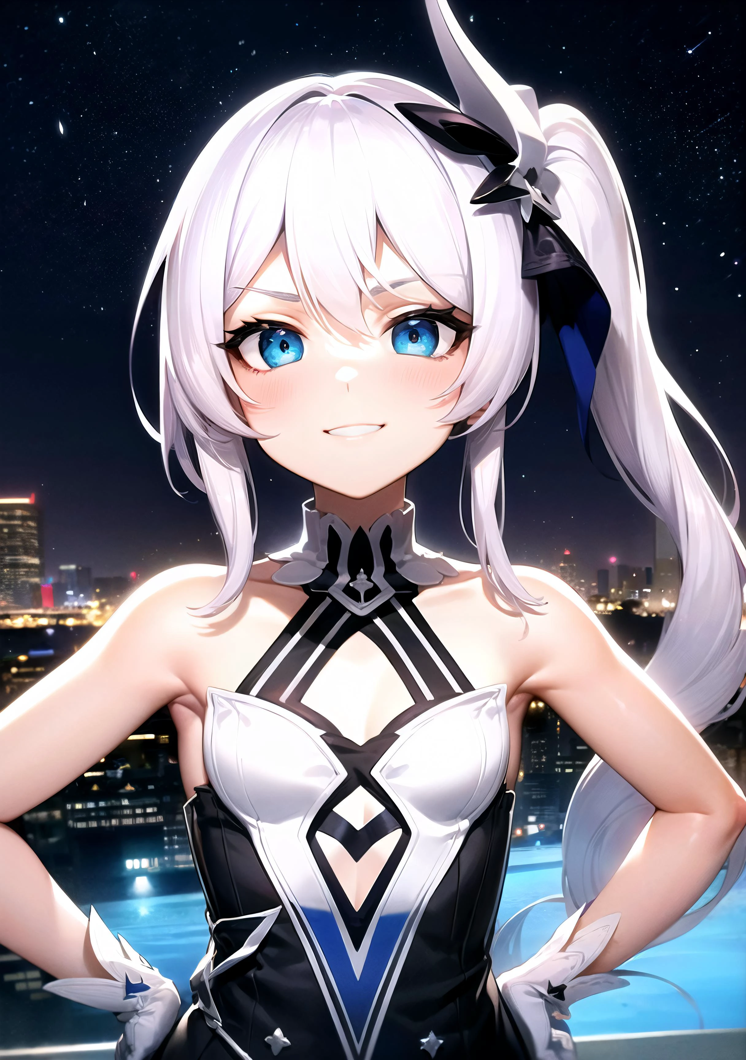 1girl, solo, absurdres, best quality, (smug smile:1.2), white hair, blue eyes, sleeveless dress, hair ornament, black dress, short, side ponytail, long hair, outdoors, nighttime, night, city, stars, starry sky, small breasts, flat chest, white gloves, white stockings, (hands on hips:1.2), (portrait, straight on, POV, looking at viewer, upper body:1.3)