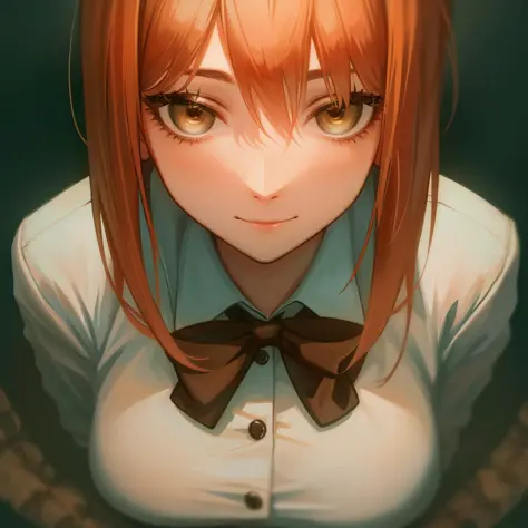 best quality, masterpiece, portrait of a gorgeous girl, smiling,closed mouth, slight smile, from above, looking at viewer, upper body, hips, perfect face, 1girl, solo, white background, detailed eyes, soft lighting, uniform, makima \(chainsaw man\), 