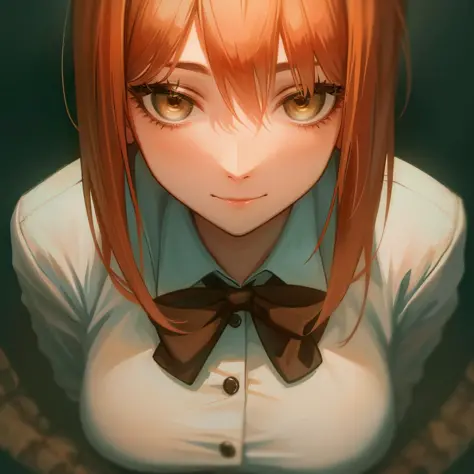 best quality, masterpiece, portrait of a gorgeous girl, smiling,closed mouth, slight smile, from above, looking at viewer, upper body, hips, perfect face, 1girl, solo, white background, detailed eyes, soft lighting, uniform, makima \(chainsaw man\), <lora:makimaChainsawMan_offset:1>,