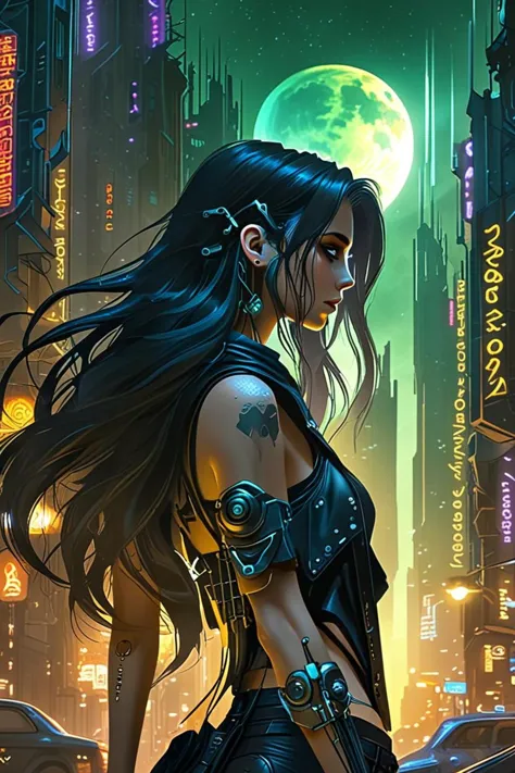 in a surreal world of digital dreams, flowing hair cascades down her shoulders and back, sci fi cyberpunk city street, in a worl...