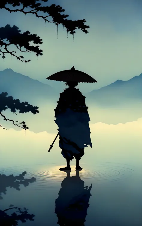 Ukiyo-e Art, ukiyo-e, cinematic shadow, silhouette, standing, fog, gray skies, cinematic lighting, horizon, water drop, epic, 
<...