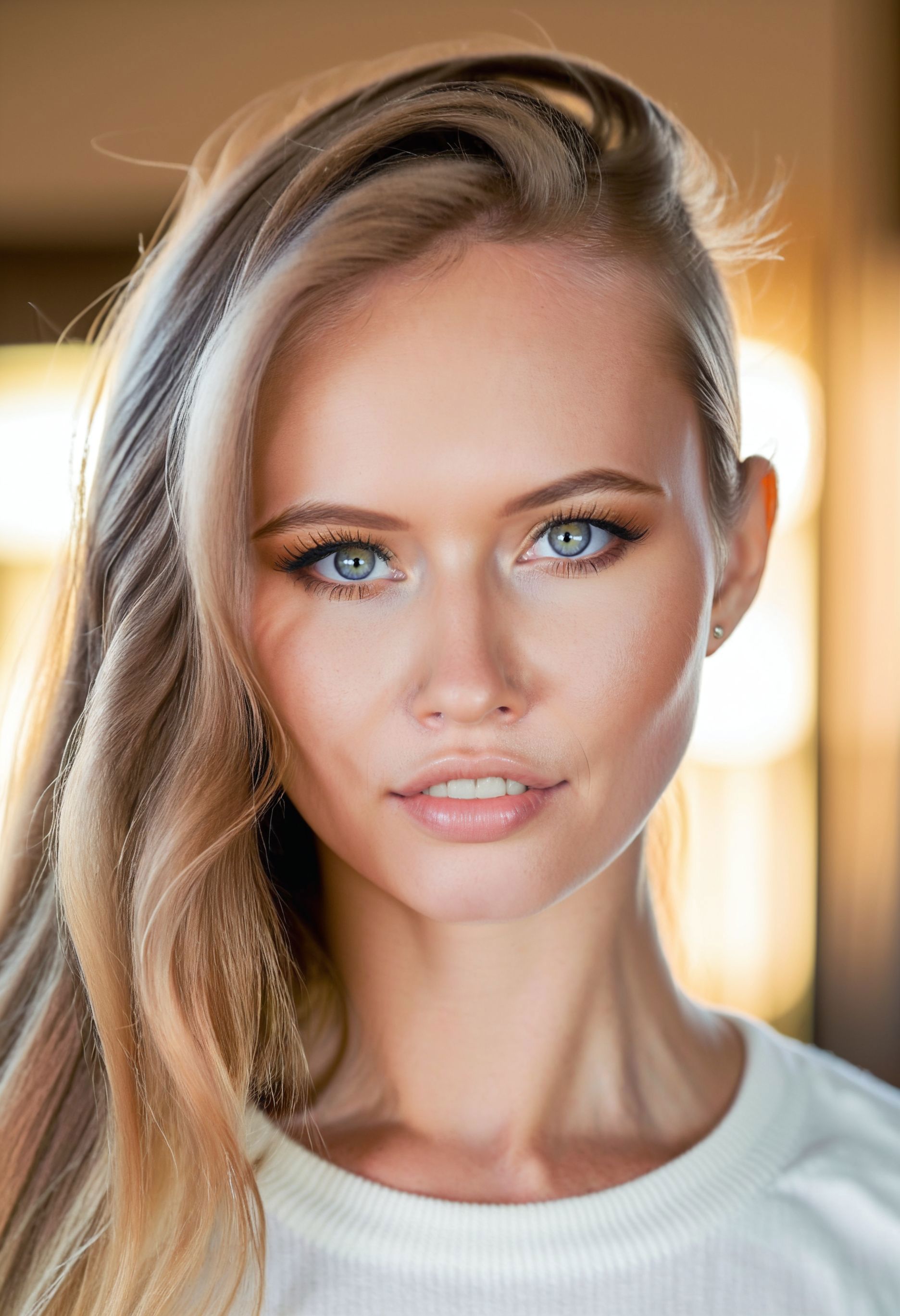 A close up of a woman with long blonde hair and blue eyes - SeaArt AI