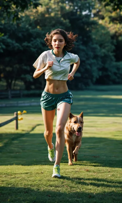 1girl,grass,bouncing ,jogging with a dog,depth of field - SeaArt AI
