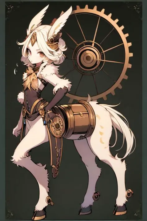 ASCII (centaur:1.4), (masterpiece, best quality:1.4), white tomboy hair, (young perfect face:1.4), (small_breasts:1.3), (slender slim body:1.3), (small waist:1.3), (perfect black eyes:1.2), full body, ((steampunk)), nun outfit, knight, ((godlike)), ((gears...