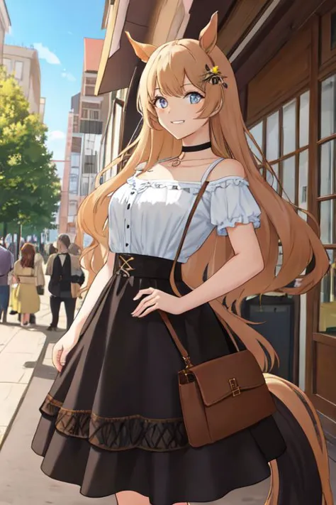 a woman in a dress and a cat ears is standing on a sidewalk