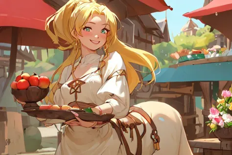 centaur:2.0,[perfect face, pastel lighting, happy smile, bright green eyes (looking at the camera), long blond ponytail, (low-cut white blouse)]:2.0
[wide depth of field, medieval marketplace, apple cart:1.5]
rich colors, dutch angle:1.2