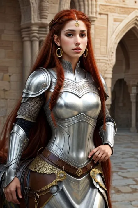 An ((arabic)) ((muscular)) Female ((centaur)) with a brown horse body and horse legs, she has long ((red hair)) and (tan skin), is wearing (medieval armor) AND (white loose clothes), she wears ((earrings and circlet)), realistic, detailed, masterpiece, metallic reflections,  (photorealistic:1.5), best quality, (beautiful face:1.5)