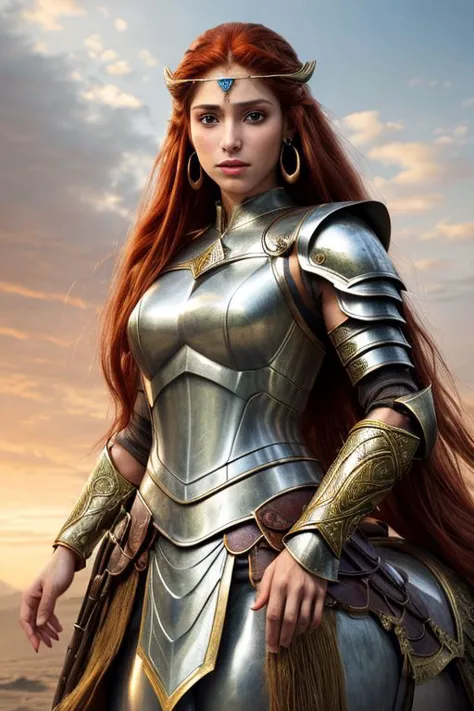 a woman in armor standing on a beach with a sword