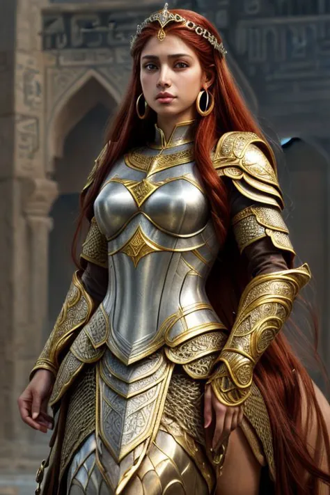 An ((arabic)) Female ((centaur)) with a brown horse body and horse legs, she has long ((red hair)) and (tan skin), is wearing (armor) AND (white loose clothes), she wears ((earrings and circlet)), realistic, detailed, masterpiece, metallic reflections,  (photorealistic:1.5), best quality, (beautiful face:1.2), (Extremely Detailed:1.2), glow effects, godrays, intricate details, sharp focus, dramatic