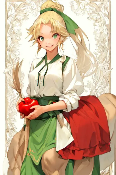 anime girl with apple and hat sitting on horse