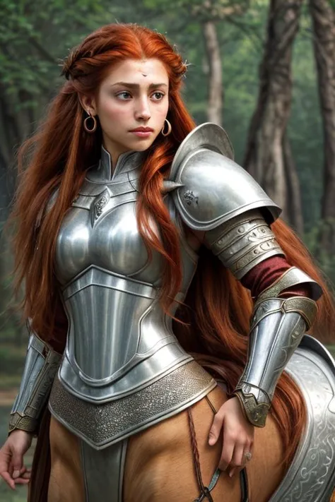 a close up of a woman in armor on a horse