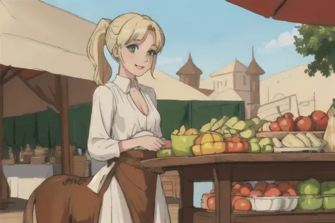 anime image of a woman standing in front of a table with fruit