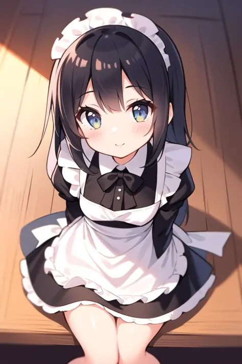 8620 \(maitetsu\),masterpiece, best quality, ultra-detailed, illustration,((1girl)),looking at viewer,(((black hair))),maid,sitt...