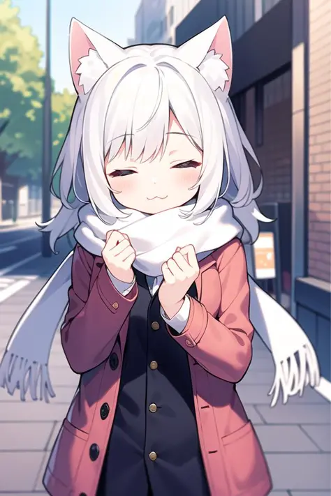 masterpiece, best quality, 1girl, white hair, medium hair, cat ears, closed eyes, looking at viewer, :3, cute, scarf, jacket, outdoors, streets,