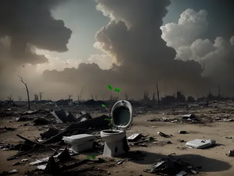 a broken half buried toilet with a tree sapling growing out of it, in a post apocalyptic wasteland. death, destruction, debris, cloudy sky, desolate, destroyed buildings, urban waste, dreary,