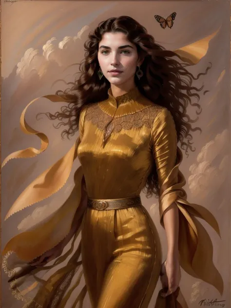 a painting of a woman in a gold dress and a butterfly