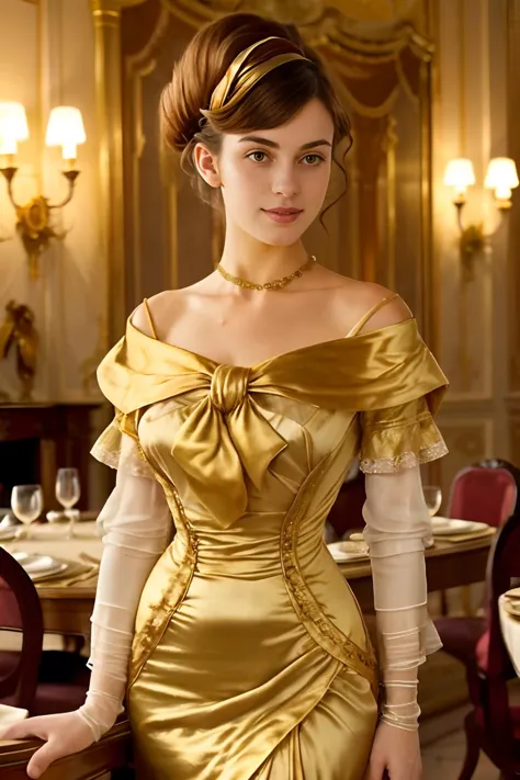 a close up of a woman in a dress standing near a table