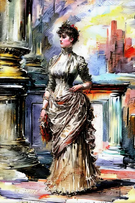 a painting of a woman in a dress standing on a sidewalk