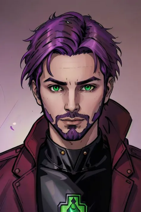 a man with purple hair and green eyes wearing a purple jacket