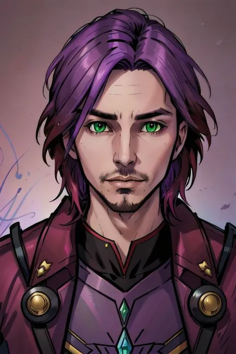 a drawing of a man with purple hair and green eyes