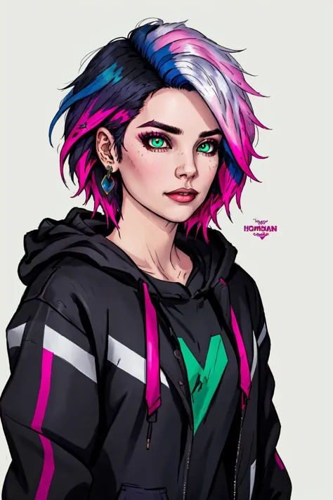 a drawing of a girl with pink hair and green eyes