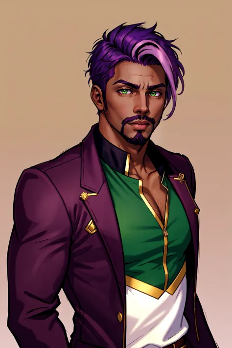 a man with purple hair and a green shirt and purple jacket