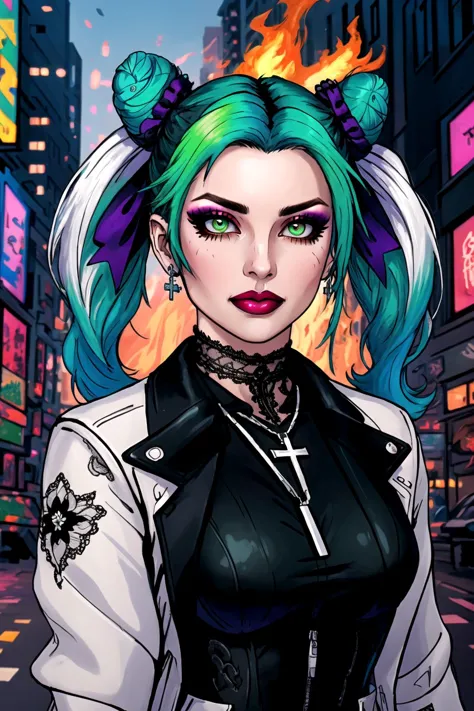 a woman with green hair and blue hair in a black top