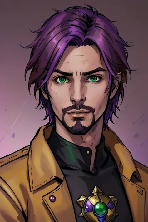 a man with purple hair and a purple jacket