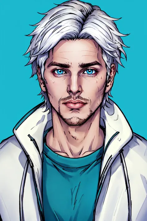 a man with white hair and blue eyes wearing a white jacket