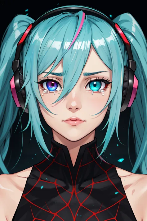 a close up of a person with headphones on and a spider web