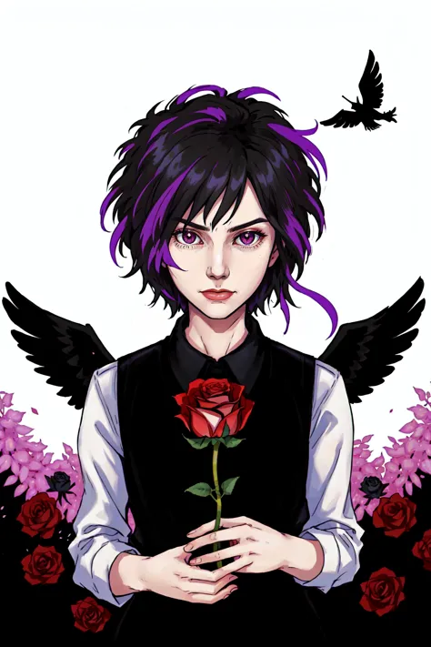 a drawing of a person holding a rose with wings