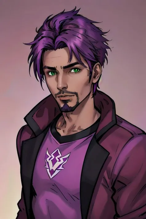 a man with purple hair and a purple shirt is standing