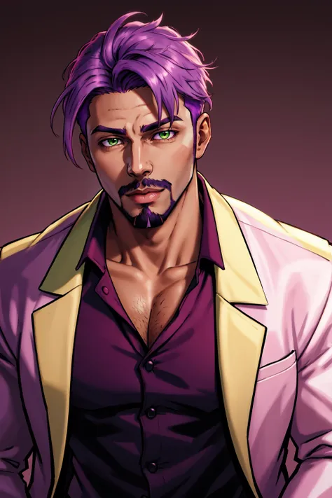 a man with purple hair and a purple jacket