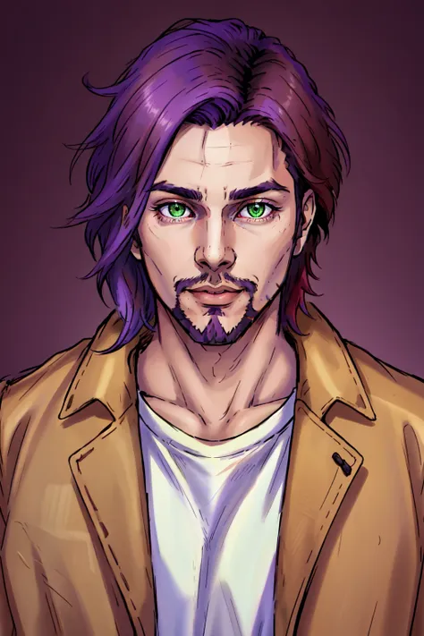 a drawing of a man with purple hair and a beard